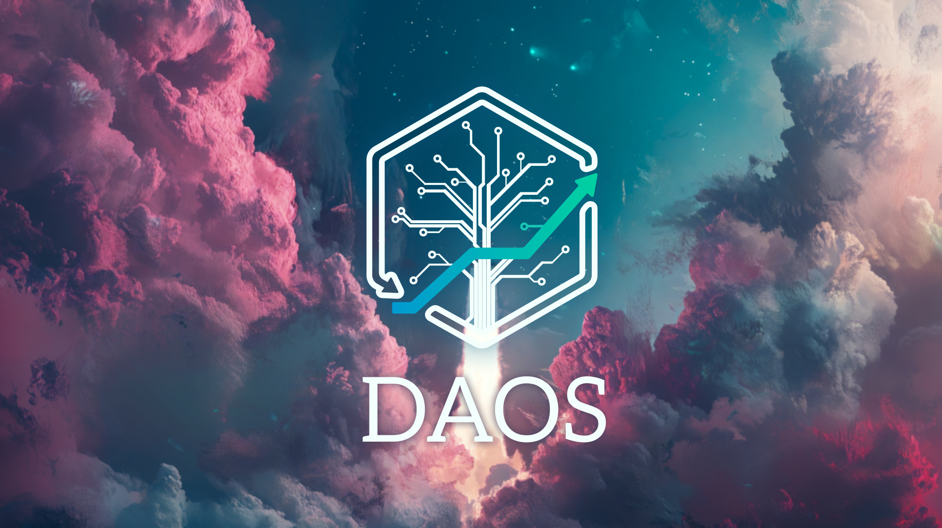 An action scene where the DAOS logo is launching with exhaust clouds of neon colours